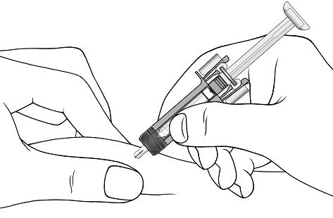With one hand gently pinch the skin at the injection site. With your other hand insert the needle into your skin as shown.