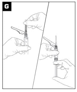 Move the safety sheath away from the needle by pulling it. Tap the syringe to release air bubbles.