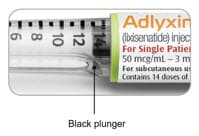 Black plunger in green 10 mcg Adlyxin Pen moves along the dose scale as shown.