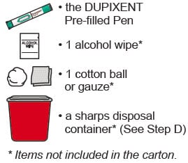 Gather supplies including the Dupixent pre-filled pen, 1 alcohol wipe, 1 cotton ball or gauze and a sharps disposal container.