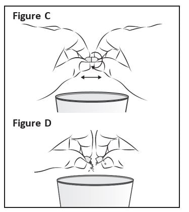 Hold a Zokinvy capsule above the clean cup containing the liquid or applesauce. Hold the Zokinvy capsule on both sides between your thumb and forefinger. Gently twist and pull apart the capsule (See Figure C). Empty the contents of the capsule directly into the clean cup (See Figure D).