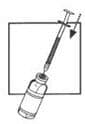 	Push the needle through the center of the rubber stopper of the vial. Inject the water into the vial by slowly pushing down on the plunger of the syringe