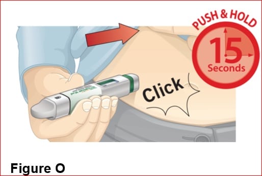 • Push the autoinjector against your skin. You will hear a “click” when the injection begins. Keep holding for 15 seconds.