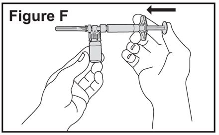 Slowly push the plunger of the pre-filled diluent syringe all the way in. This will transfer all of the liquid from the syringe into the Betaseron vial (See Figure F). The plunger may return to its original position after you release it. image