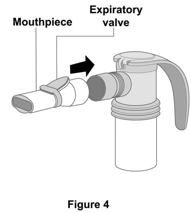 Attach Mouthpiece: Connect the mouthpiece to the nebulizer cup (reservoir) with the expiratory valve facing up.image