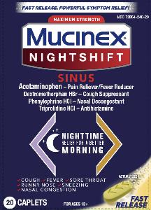 Image 1 - Imprint VVV Logo (crescent moon) - Mucinex Nightshift Sinus acetaminophen 325 mg / dextromethorphan hydrobromide 10 mg / phenylephrine hydrochloride 5 mg / triprolidine hydrochloride 1.25 mg