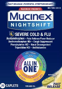 Image 1 - Imprint VVV Logo (crescent moon) - Mucinex Nightshift Severe Cold and Flu acetaminophen 325 mg / dextromethorphan hydrobromide 10 mg / phenylephrine hydrochloride 5 mg / triprolidine hydrochloride 1.25 mg