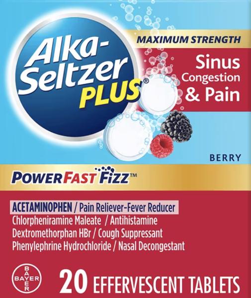 Image 1 - Imprint SINUS - Alka-Seltzer Plus Maximum Strength Sinus Congestion & Pain PowerFast Fizz acetaminophen 325 mg / chlorpheniramine maleate 2 mg / dextromethorphan hydrobromide 10 mg / phenylephrine hydrochloride 5 mg